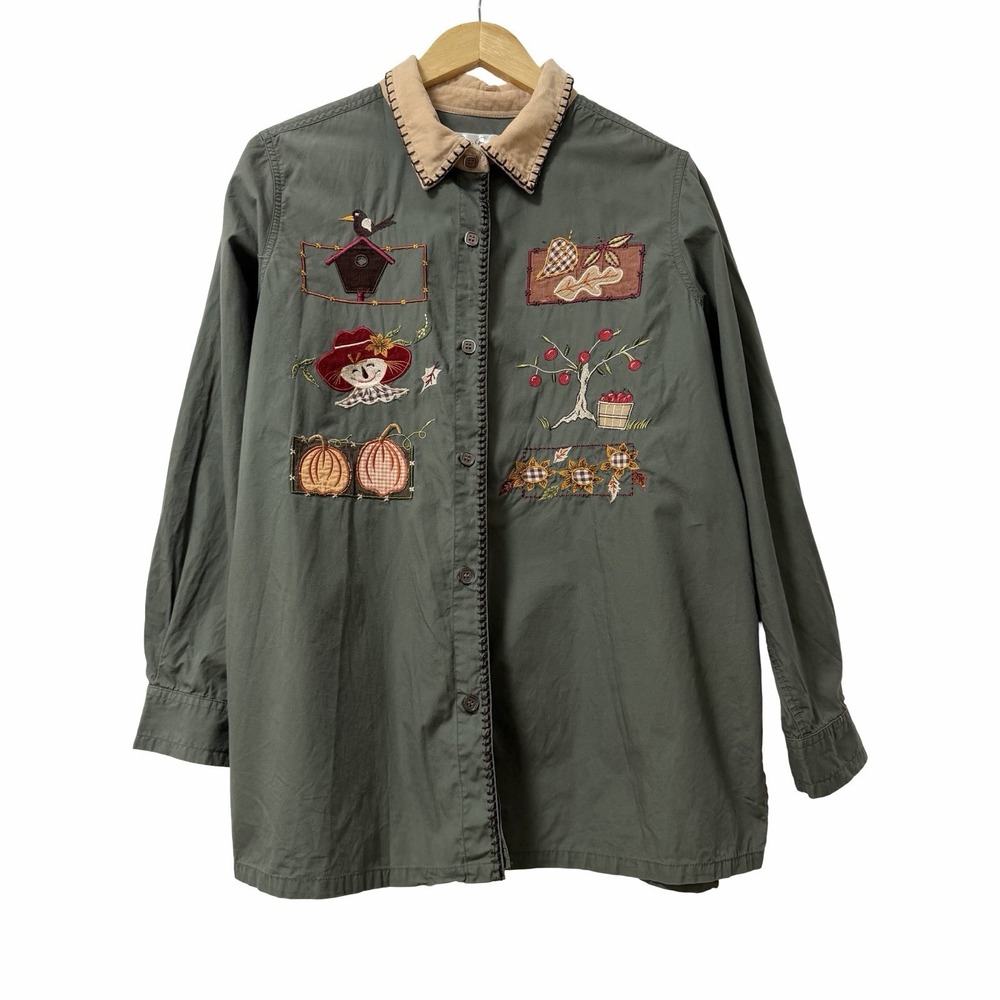 Bobbie Brooks Womens Fall Pumpkin Leaf Embroidered Button Front Shirt Size 18W